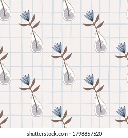 Blue flowers in a vases seamless pattern. Light background with check. Minimalistic design. Perfect for wallpaper, wrapping paper, textile print, fabric. Vector illustration.