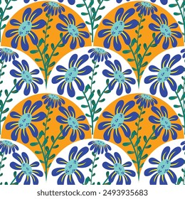 Blue flowers with wave seamless pattern for fabric background 