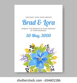 Blue flowers wedding invitation template Vector floral card.