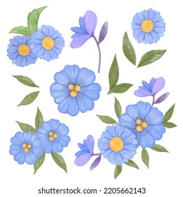 ิset of blue flowers white isolated background