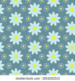 Blue flowers, yellow stamens, reflecting light on a green background, pastel, pattern and background.