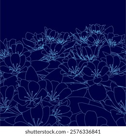 Blue flowery background with a blue flower in the foreground. The flowers are drawn in blue