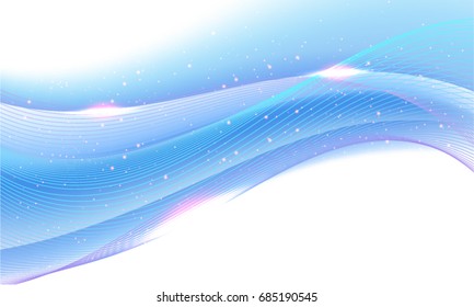 Blue flowing particle waves with lens flare effect. Creative abstract element design.