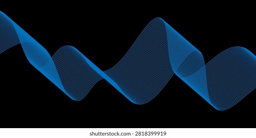 Blue flowing wave lines on a black background create a dynamic abstract composition suggesting sound, data, motion and modern technology. Minimal, futuristic graphic ideal for backgrounds, presentations and branding.

