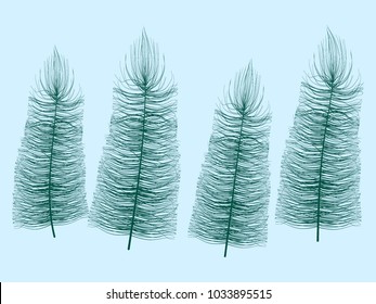Blue Fluff. Beautiful Hand Drawn Feathers Isolated. Fluff for Wallpaper, Illustration, Carnival, Masquerade, Invitation, Paper, Textile. Decoration Element for Your Design.