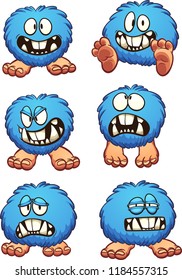 Blue fluffy ball cartoon monster with different expressions. Vector clip art illustration with simple gradients. Each on a separate layer. 
