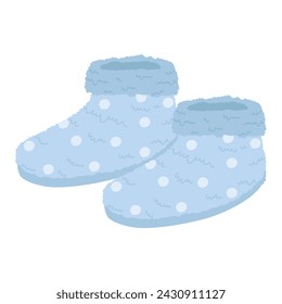 Blue fluffy boots slippers. Indoor warm footwear, cozy home shoes cartoon vector illustration