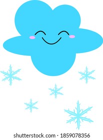 blue fluffy character smiling cloud and falling snowflakes on white background concept of winter and first snow