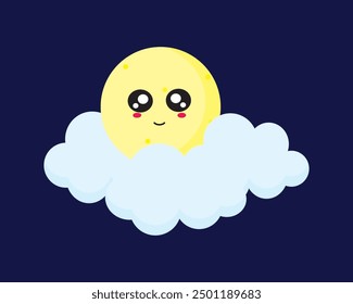 Nubes mullidas azules y luna amarilla por la noche.  Atmósfera, dibujos animados, clima, paisaje nublado, gráfico, ilustración, meteorología, naturaleza, cielo, Vector y Clima.