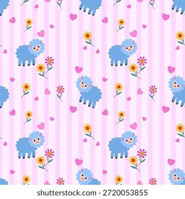 Ovejas mullidas azules con caras sonrientes amistosas en el fondo de rayas rosadas y blancas de Vertical para la ropa de los niños, decoración del dormitorio o scrapbooking digital.