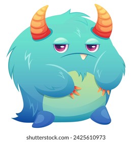 Blue fluffy space monster with displeased face. Vector illustration in cartoon style with gradient about space and galactic adventures for children