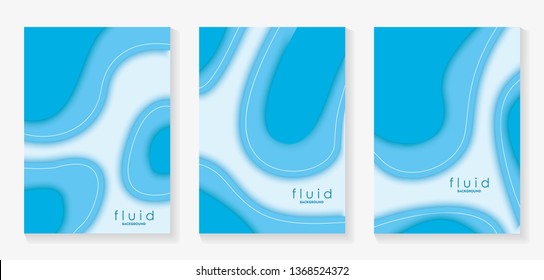 Blue Fluid 3D Papercut Cover Set. Dynamic Background for invitation, booklet or business card design. Modern Vector paper background
