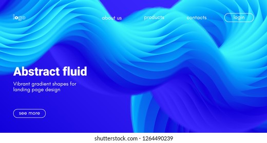 Blue Fluid Background. Landing Page Template with Wave Liquid Shape in Movement. 3d Banner, Abstract Wallpaper, Fluid Design with Glow Effect. Dynamic Gradient Poster, Vibrant Fluid Background for Web