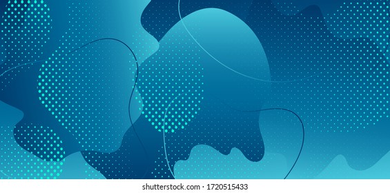 Pancarta de Blue Fluid. Ilustración mínima de onda. Plantilla de Memphis abstracta. Textura vectorial de degradado. Diseño moderno de fluidos. Ilustración Líquida Creativa. Abstracto Memphis Ornament.Formas fluidas.