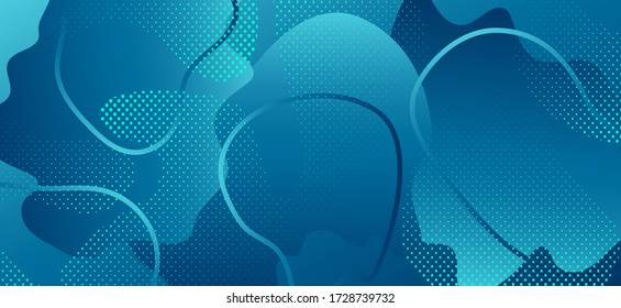 Pancarta de Blue Fluid. Ilustración mínima de ondas. Resumen de la plantilla de Memphis. Patrón vectorial gradiente. Formas de fluidos de moda. Fondo De Onda Moderna. Resumen de Memphis Ornament. Diseño fluido.
