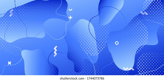 Blue Fluid Banner. Trendy Liquid Presentation. Abstract Memphis Brochure. Gradient Vector Pattern. Minimal Fluid Design. Creative Liquid Background. Abstract Geometric Ornament. Fluid Poster.