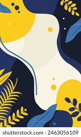 Blue Fluid Frame Background with Leaves Plant Decoration and Copy Space