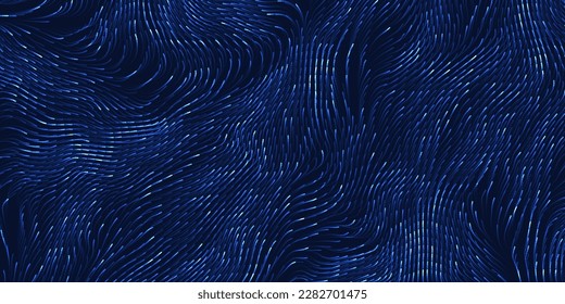 Blue Fluid Lines Abstract Flow Field Visualization of Forces. Modern Style Geometric Generative Background. 3D Flowing Flashing Spreading Curving Lines Pattern Science Background. Vector Illustration.