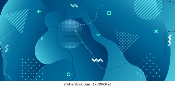 Formas de fluidos azules. Fondo mínimo de ondas. Plantilla geométrica abstracta. Patrón gráfico degradado. Pancarta creativa de fluidos. Presentación de Líquidos de Negocios. Resumen de Memphis Ornament. Afiche de fluidos.