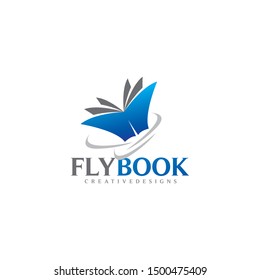 Blue fly book logo, book fly vector icon isolated on white background