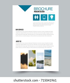 Blue flyer design template with built in images. Brochure for business, education, presentation, advertisement. Corporate identity style concept. Editable vector illustration.
