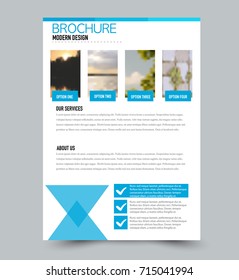 Blue flyer design template with built in images. Brochure for business, education, presentation, advertisement. Corporate identity style concept. Editable vector illustration.