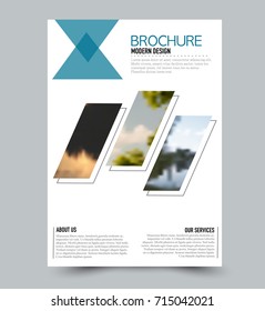 Blue flyer design template with built in images. Brochure for business, education, presentation, advertisement. Corporate identity style concept. Editable vector illustration.