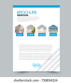 Blue flyer design template with built in images. Brochure for business, education, presentation, advertisement. Corporate identity style concept. Editable vector illustration.