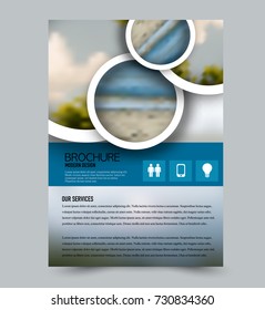 Blue flyer design template with built in images. Brochure for business, education, presentation, advertisement. Corporate identity style concept. Editable vector illustration.