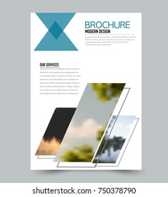 Blue flyer design template with built in images. Brochure for business, education, presentation, advertisement. Corporate identity style concept. Editable vector illustration.