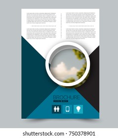 Blue flyer design template with built in images. Brochure for business, education, presentation, advertisement. Corporate identity style concept. Editable vector illustration.