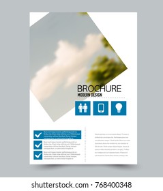 Blue flyer design template with built in images. Brochure for business, education, presentation, advertisement. Corporate identity concept. Editable vector illustration.