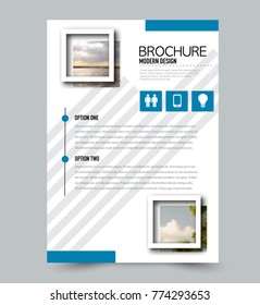 Blue flyer design template with built in images. Brochure for business, education, presentation, advertisement. Corporate identity concept. Editable vector illustration.