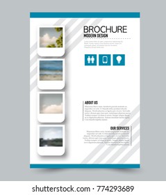 Blue flyer design template with built in images. Brochure for business, education, presentation, advertisement. Corporate identity concept. Editable vector illustration.