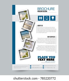 Blue flyer design template with built in images. Brochure for business, education, presentation, advertisement. Corporate identity concept. Editable vector illustration.
