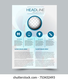 Blue flyer template. Abstract brochure design. Annual report cover background. For business, education, advertisement. Editable vector illustration.