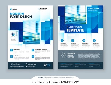 Blue Flyer Template Layout Design. Corporate Business Flyer, Brochure, Annual Report, Catalog, Magazine Mockup. Creative Modern Bright Flyer Concept with Square Shapes