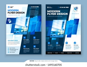 Blue Flyer Template Layout Design. Corporate Business Flyer, Brochure, Annual Report, Catalog, Magazine Mockup. Creative Modern Bright Flyer Concept with Square Shapes