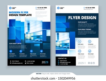 Blue Flyer Template Layout Design. Corporate Business Flyer, Brochure, Annual Report, Catalog, Magazine Mockup. Creative Modern Bright Flyer Concept with Square Shapes