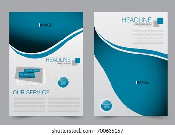 Blue flyer vector design template set. Business brochure. Annual report or magazine cover.