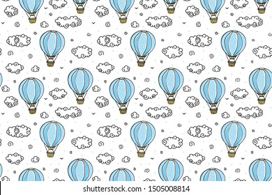 Blue flying ball in the clouds seamless pattern on a white background