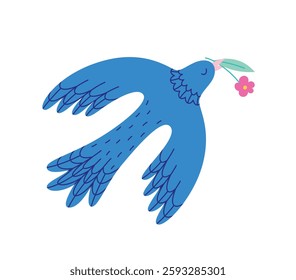 Blue flying bird with a flower in a beak. Spring symbol of life. Vector illustration isolated on white background.