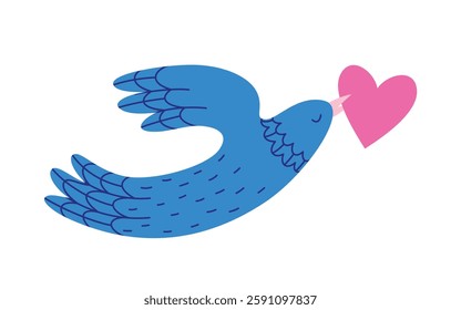 Blue flying bird with a heart in a beak. St Valentine's day symbol of love. Romantic vector illustration isolated on white background.