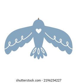 Blue flying bird isolated on white background. Cute hand drawn dove emblem. Symbol of peace and love on the Earth. Wedding invitation and romantic postcard element.