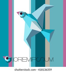blue flying bird on a striped background. Open window and bird as symbol of freedom.