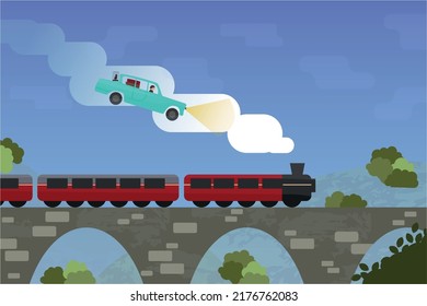vehículo aéreo azul y puente expreso de tren