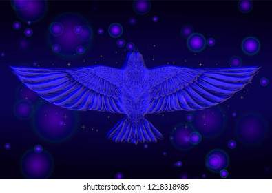 Blue flying dove on the black background. Spiritual animal. 