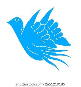 Blue flying dove vector illustration. Hand drawn dynamic blue bird of peace isolated white background. Icon, logo template