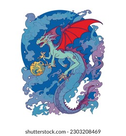 blue flying dragon illustration. Vector graphics for t-shirt prints and other uses.