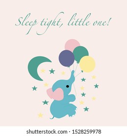 Blue flying elephant with balloons, vector illustration, perfect to use on the web or in print 